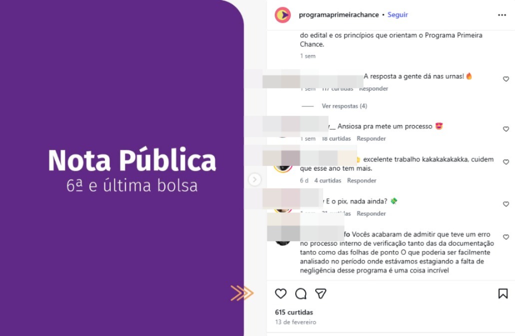 Estudantes da rede estadual cobram pagamento da última bolsa do Programa Primeira Chance