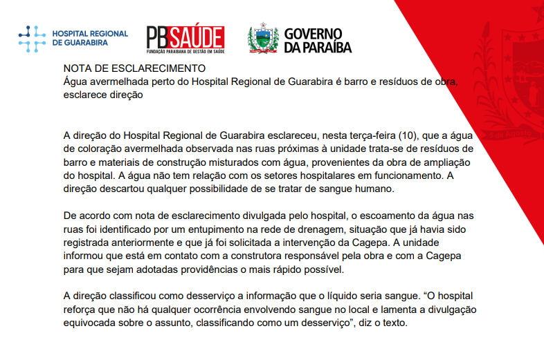 Hospital Regional de Guarabira esclarece que água avermelhada nas ruas é resíduo de obra